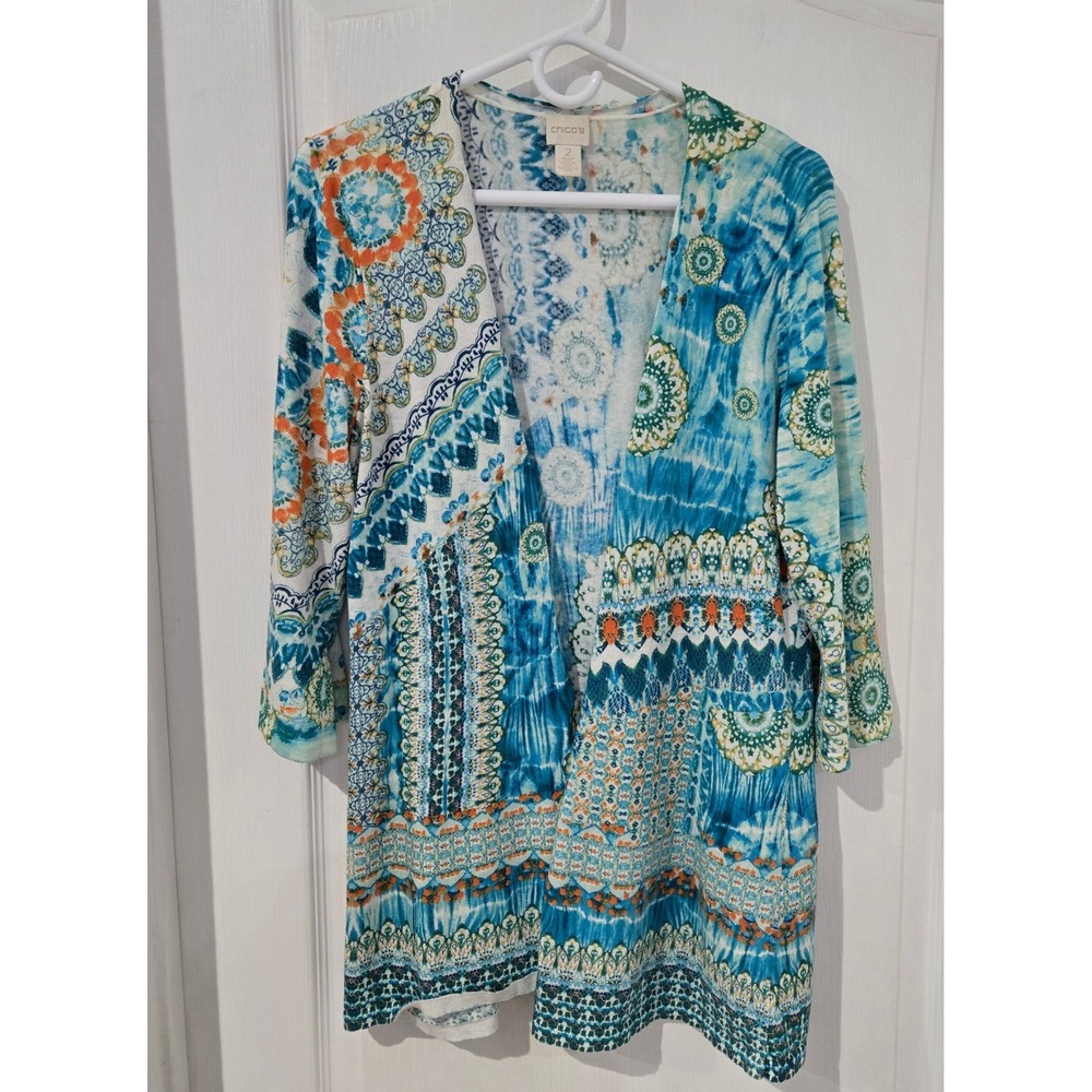 Chico's Cardigan Women Sz 2 Blue  Bohemian Tie Dye Medallion Open Front